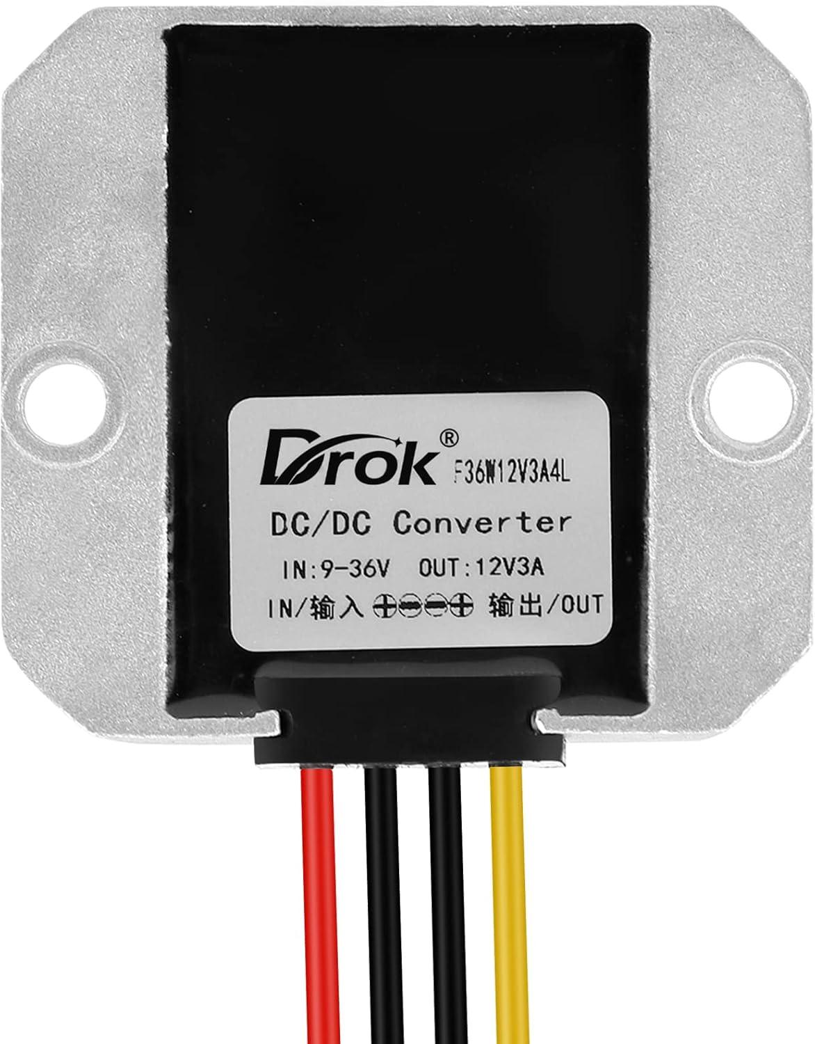 imageDROK Boost Buck Converter 9V36V to 12V 3A 36W Plastic Shell Waterproof Auto Step Up Down Voltage Regulator 12V Volt Transformer for Car Audio Solar Power System LCD Television LED Display ScreenAluminium Shell