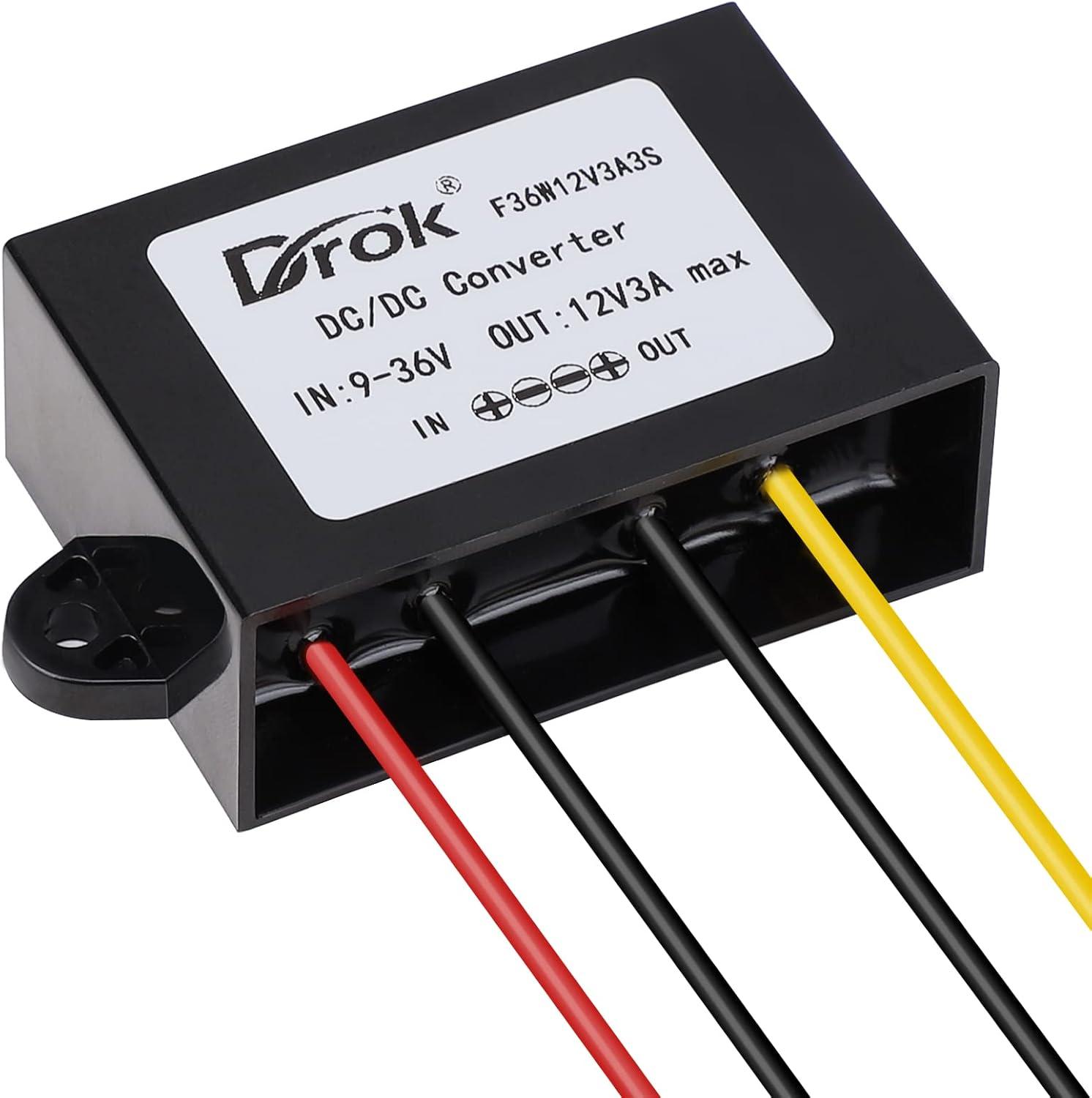 imageDROK Boost Buck Converter 9V36V to 12V 3A 36W Plastic Shell Waterproof Auto Step Up Down Voltage Regulator 12V Volt Transformer for Car Audio Solar Power System LCD Television LED Display ScreenPlastic Shell