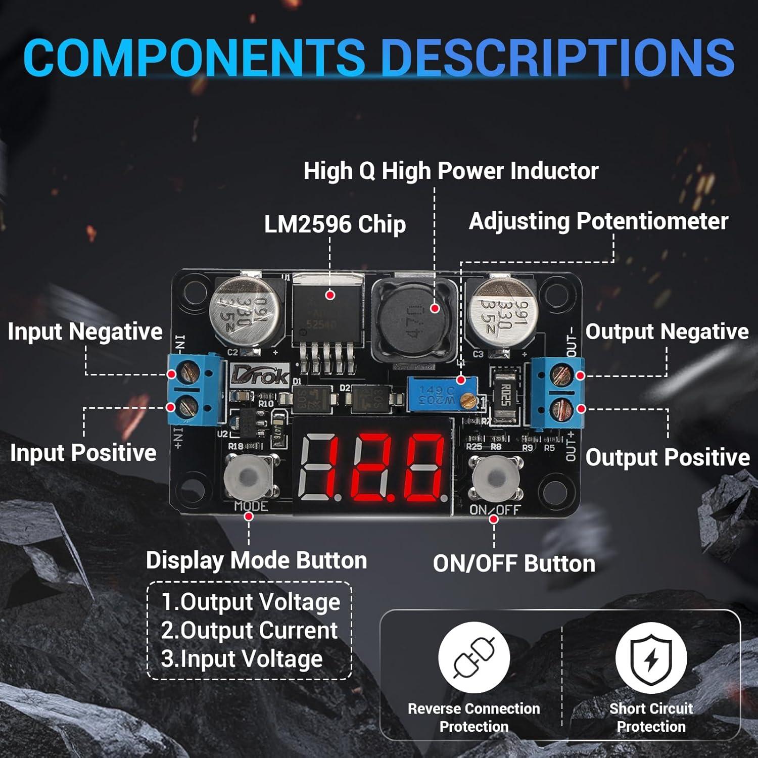 imageDROK Buck Converter 24v to 5v DC 432V to 12530V 3A Adjustable Step Down Module LM2596 Voltage Regulator Board 12V to 5 V LED Power Supply Transformer