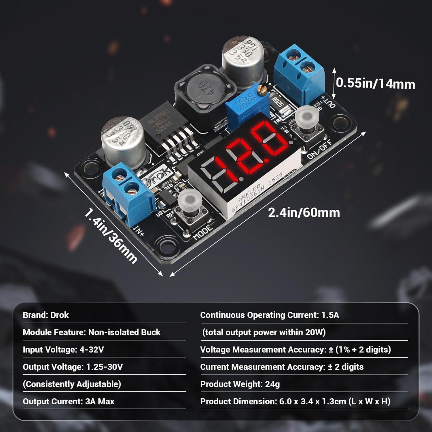 imageDROK Buck Converter 24v to 5v DC 432V to 12530V 3A Adjustable Step Down Module LM2596 Voltage Regulator Board 12V to 5 V LED Power Supply Transformer