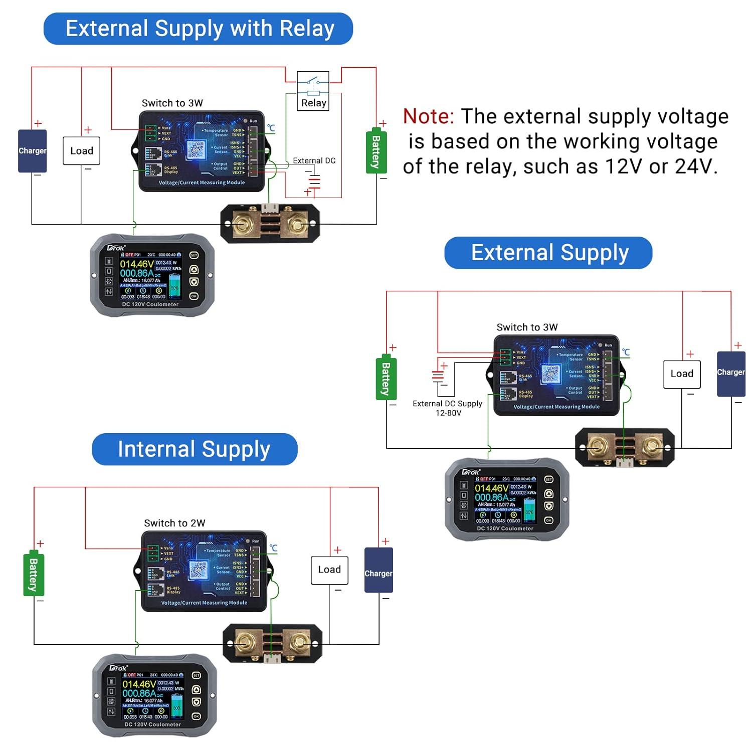 imageDROK ChargeDischarge Multi Meter 0120V 100A DC Voltmeter Coulometer Mobile Phone APP Control LCD Battery Monitor Volt Amp Temp Power Capacity Timing Monitor for RV Boat EBike