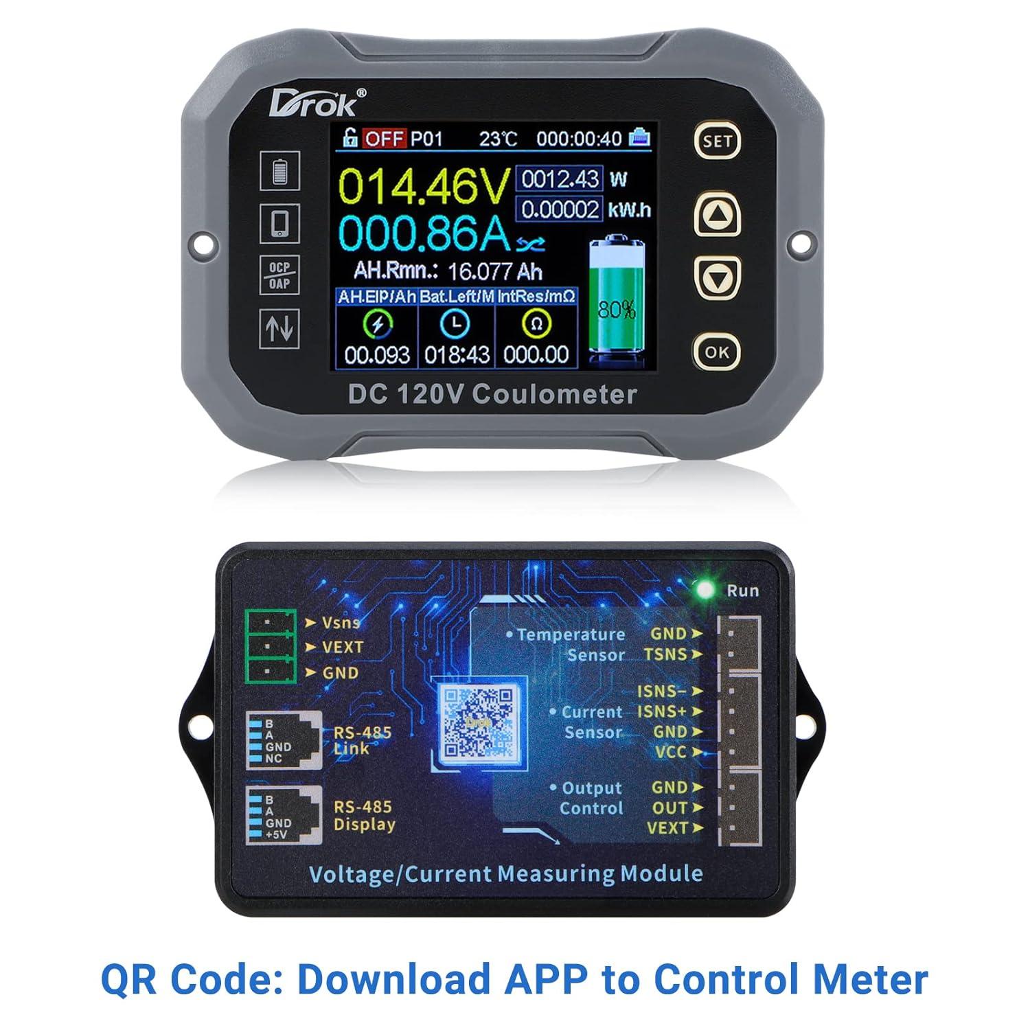 imageDROK ChargeDischarge Multi Meter 0120V 100A DC Voltmeter Coulometer Mobile Phone APP Control LCD Battery Monitor Volt Amp Temp Power Capacity Timing Monitor for RV Boat EBike
