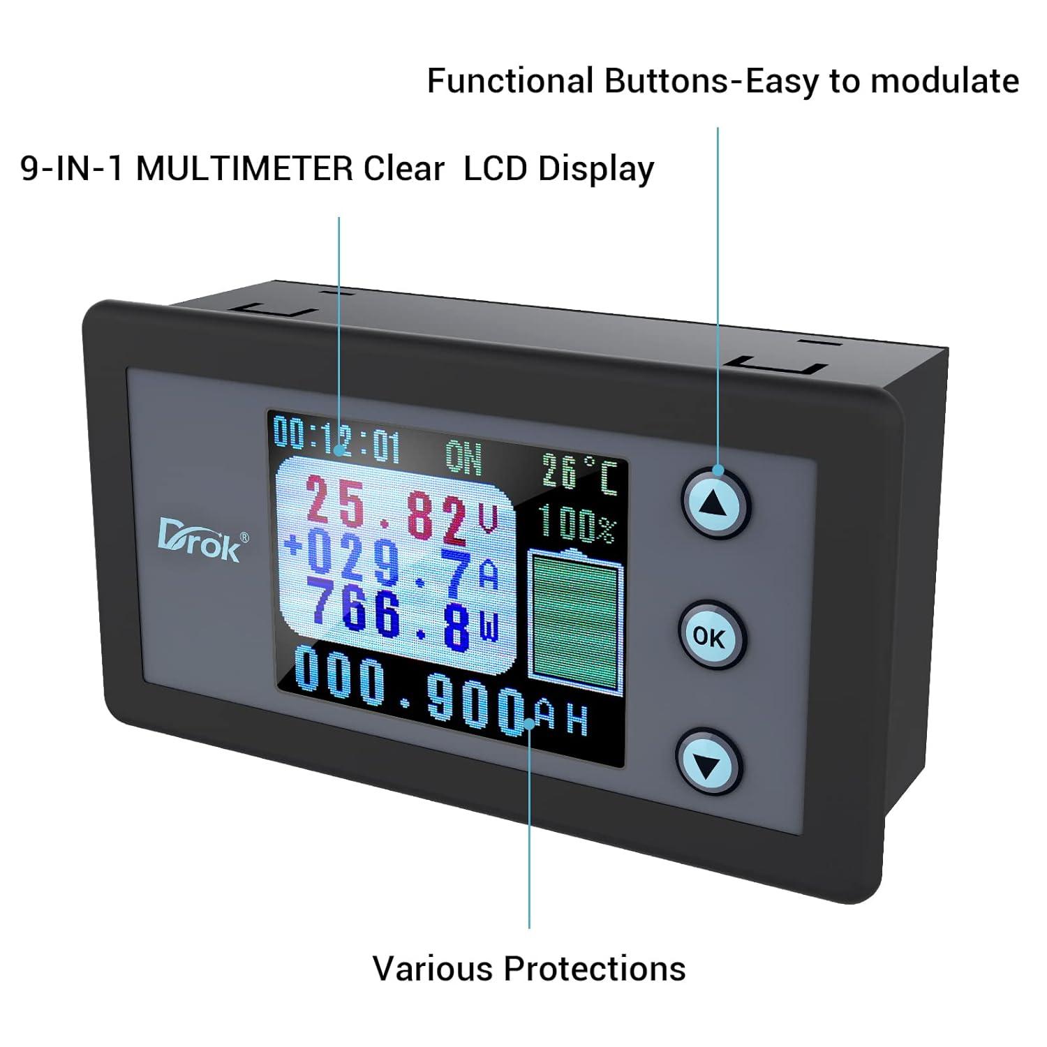 imageDROK ChargeDischarge Multi Testers DC 0120V 300A Power Meter with Color Digital LCD Display Battery Volt Amp Power Capacity Temperature Monitor Voltmeter Ampmeter0120V 300A Curve Upgrade