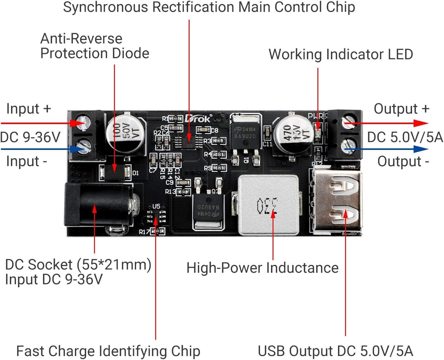 imageDROK DC Buck Converter 12V to 5V Step Down Converter Voltage Regulator 9V36V to 5V 356A Pack of 2 BlueBlack2pcs