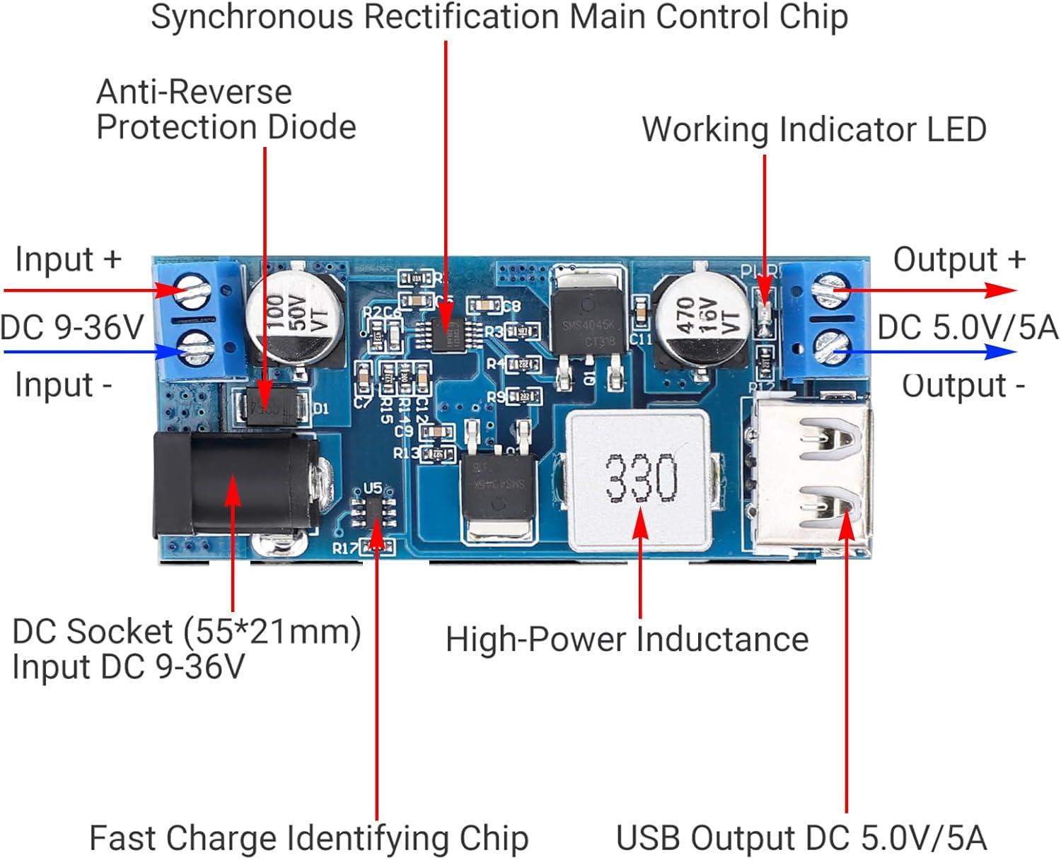 imageDROK DC Buck Converter 12V to 5V Step Down Converter Voltage Regulator 9V36V to 5V 356A Pack of 2 BlueBlue2pcs