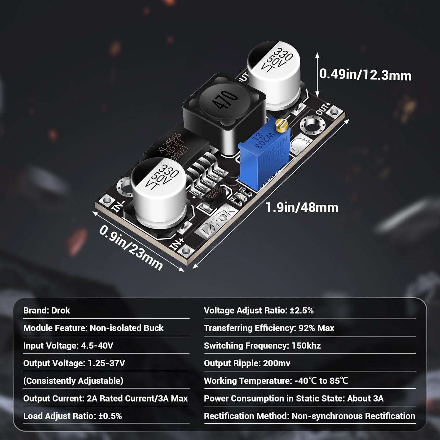 imageDROK DC Buck Converter Adjustable DC Voltage Regulator Adjustable 4540V to 12537V 36V 24V 12V 9V 5V 3V Variable Voltage Stabilizer Power Supply Volt Reducer Step Down TransformerBlack