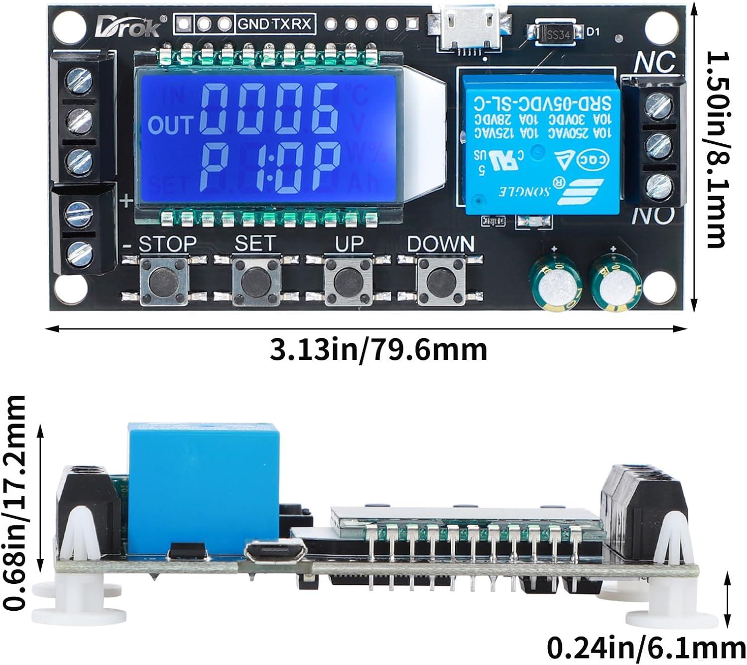 imageDROK Timer Relay  5V12V24V Time Delay Relay Switch DelayOff Cycle Timer 001s9999mins with LCD Display Support Micro USB 5V Power SupplyBlack
