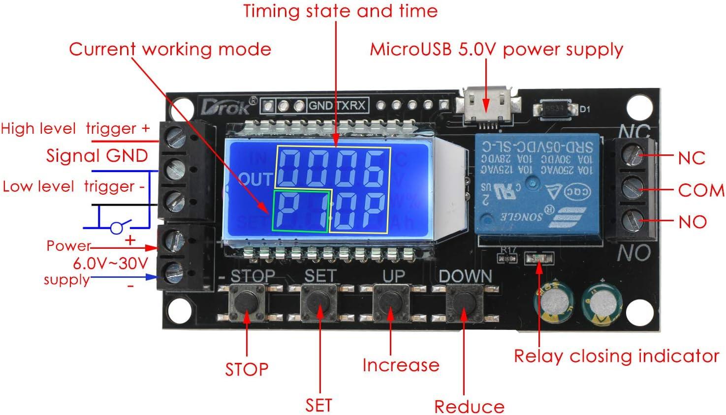 imageDROK Timer Relay  5V12V24V Time Delay Relay Switch DelayOff Cycle Timer 001s9999mins with LCD Display Support Micro USB 5V Power SupplyBlack
