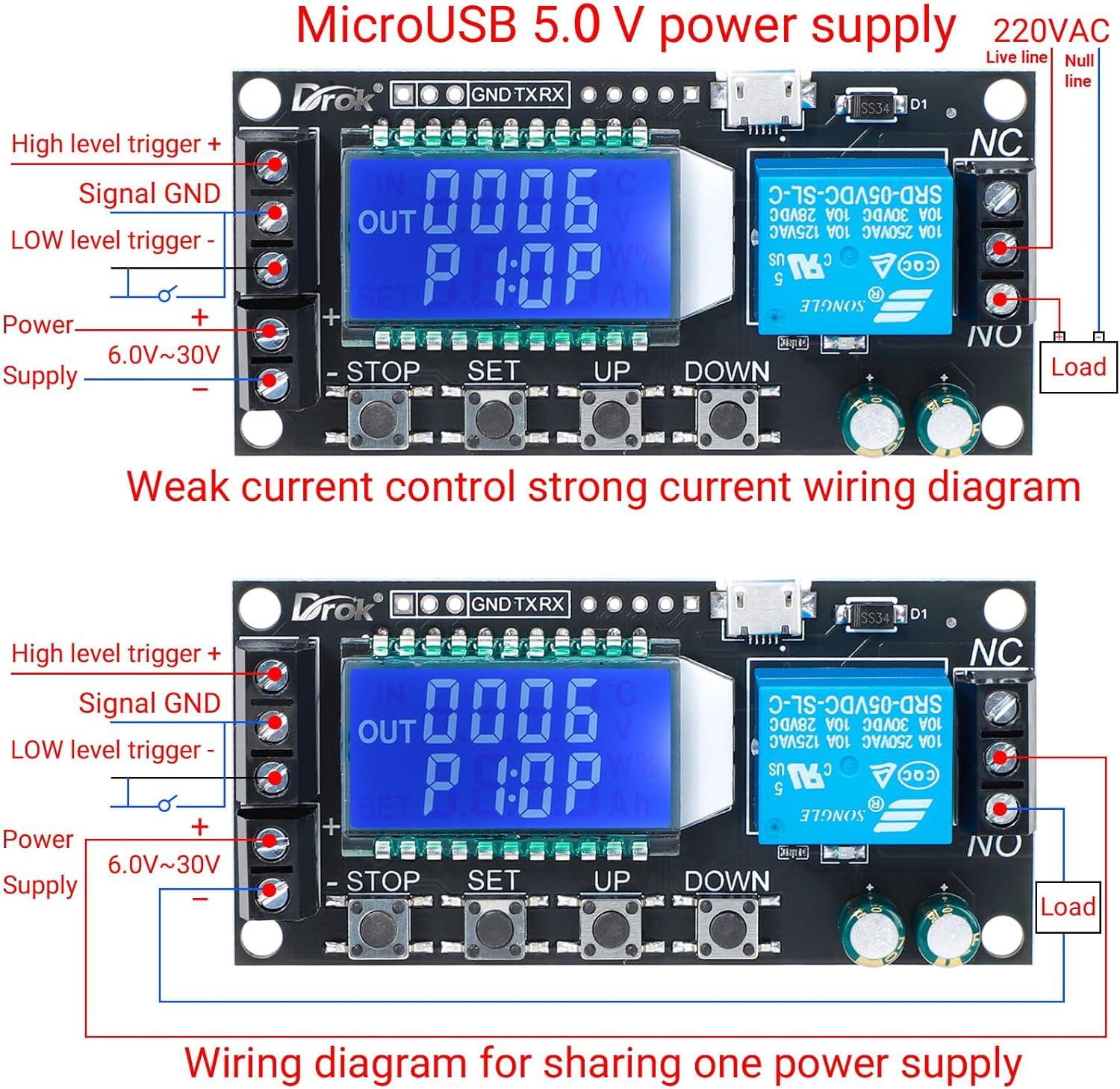 imageDROK Timer Relay  5V12V24V Time Delay Relay Switch DelayOff Cycle Timer 001s9999mins with LCD Display Support Micro USB 5V Power SupplyBlack