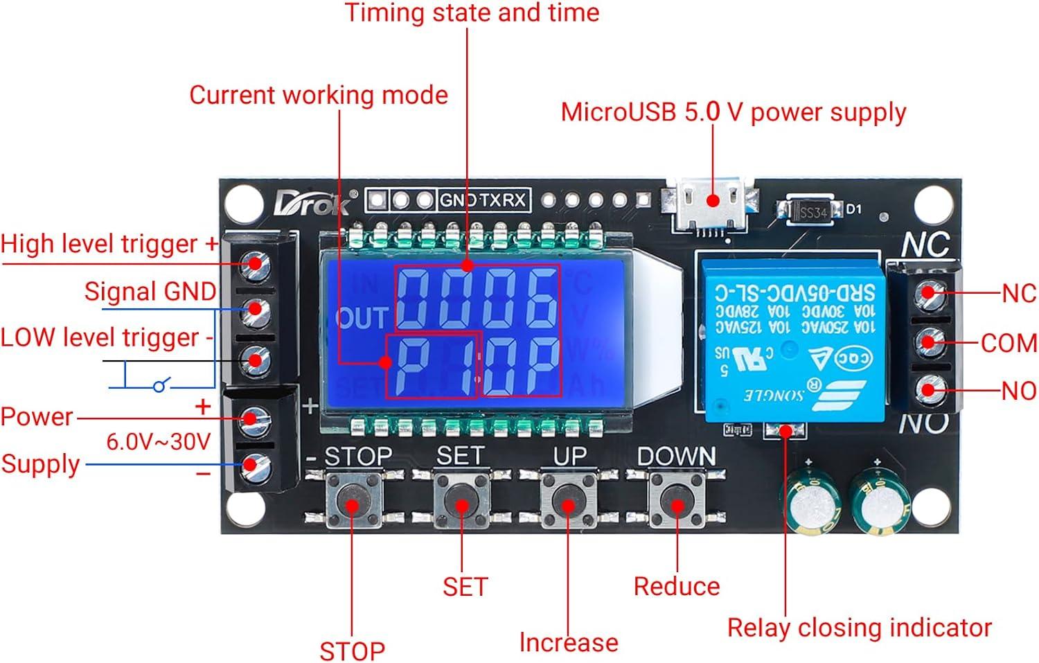 imageDROK Timer Relay  5V12V24V Time Delay Relay Switch DelayOff Cycle Timer 001s9999mins with LCD Display Support Micro USB 5V Power SupplyBlack