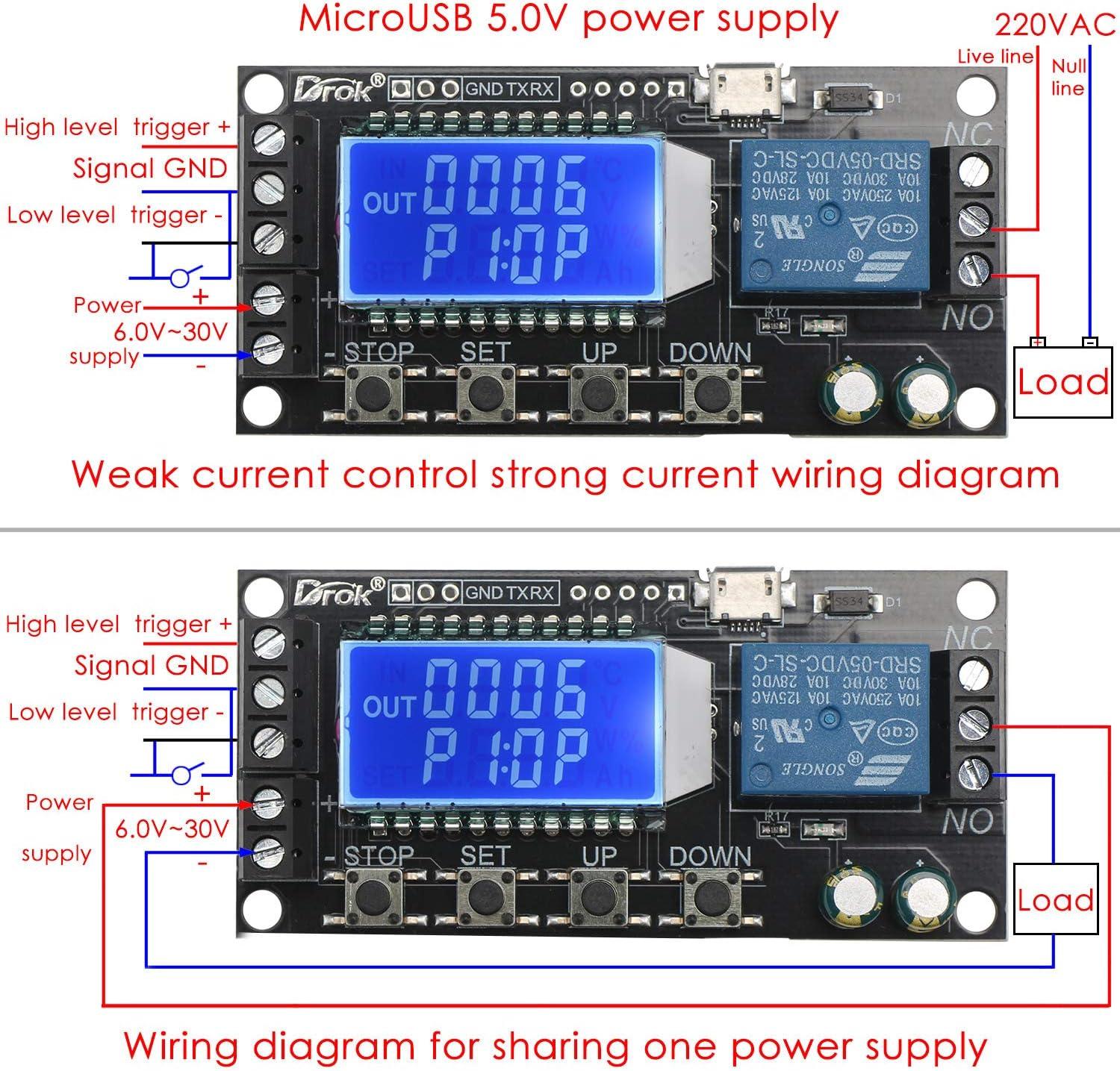 imageDROK Timer Relay  5V12V24V Time Delay Relay Switch DelayOff Cycle Timer 001s9999mins with LCD Display Support Micro USB 5V Power SupplyBlack