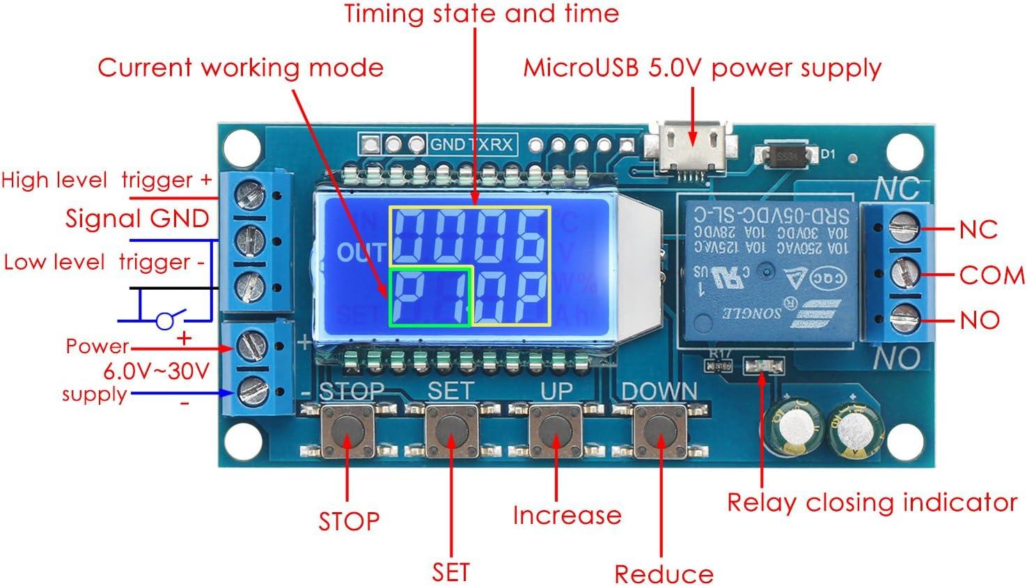 imageDROK Timer Relay  5V12V24V Time Delay Relay Switch DelayOff Cycle Timer 001s9999mins with LCD Display Support Micro USB 5V Power SupplyBlue