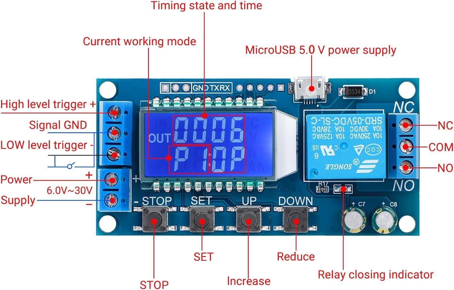 imageDROK Timer Relay  5V12V24V Time Delay Relay Switch DelayOff Cycle Timer 001s9999mins with LCD Display Support Micro USB 5V Power SupplyBlue