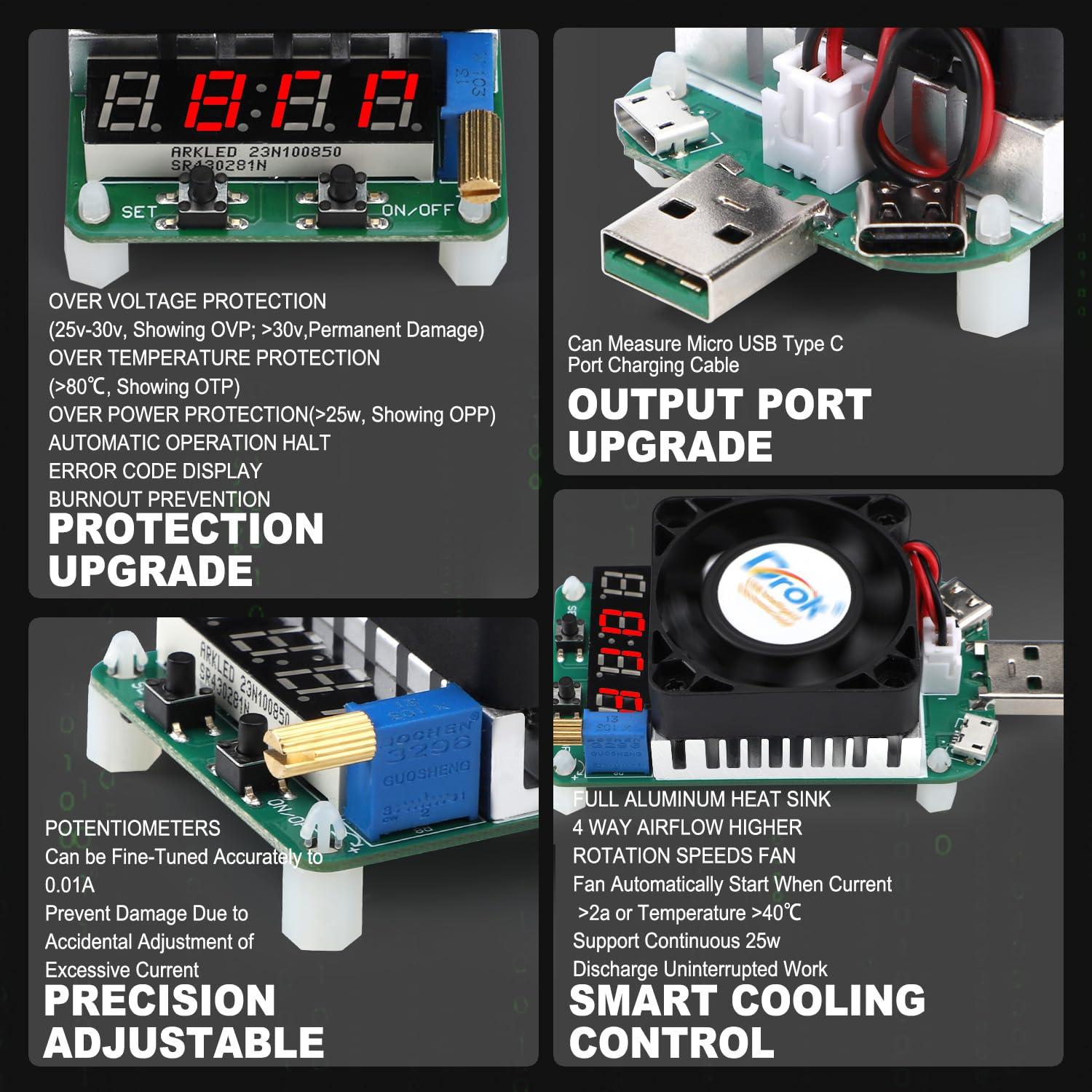 imageDROK USB Load Tester Electronic Load Test Resistor Module 25W LD25 USB and Type C Interface Discharge Adjustable Constant Current 025A4A Intelligent Temperature Control with Cooling Fan