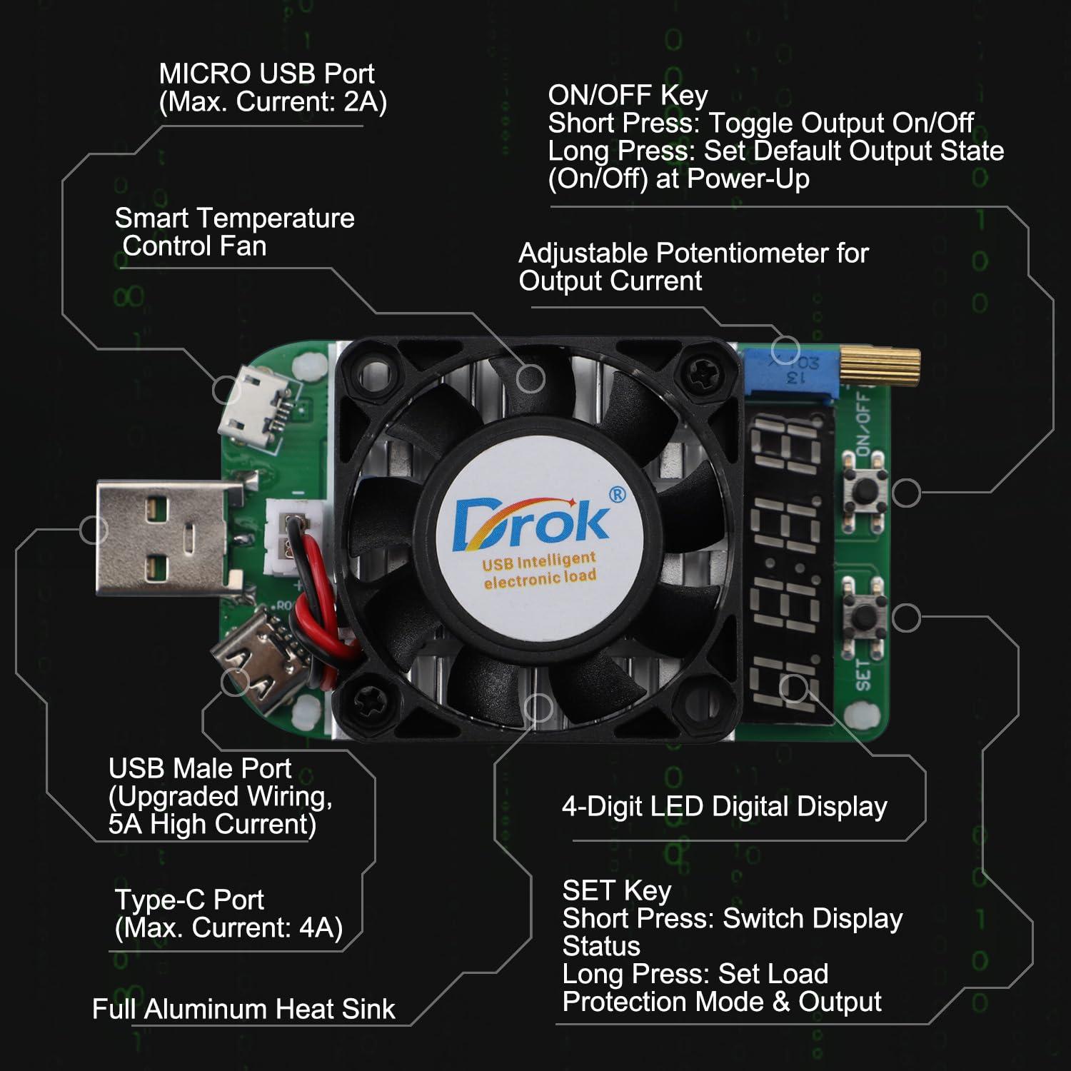 imageDROK USB Load Tester Electronic Load Test Resistor Module 25W LD25 USB and Type C Interface Discharge Adjustable Constant Current 025A4A Intelligent Temperature Control with Cooling Fan