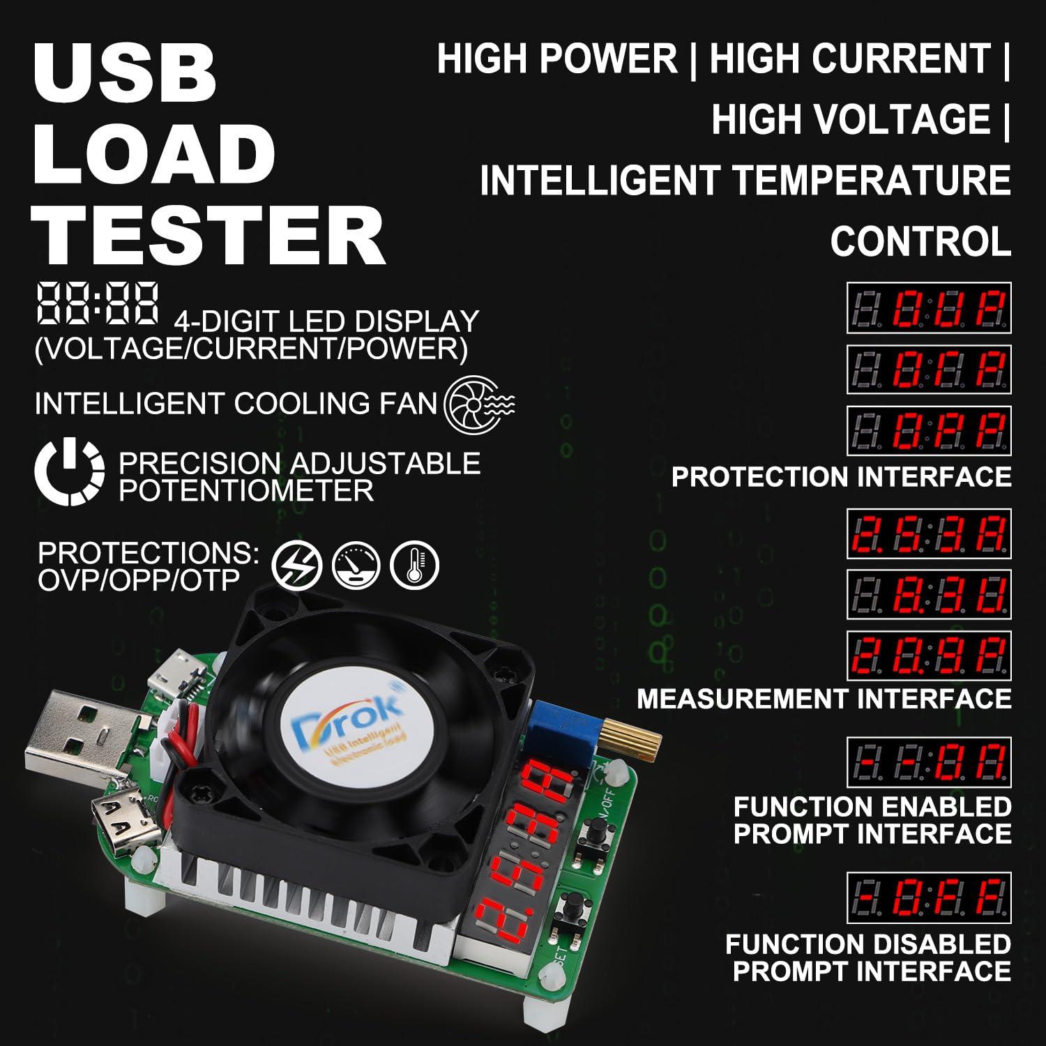 imageDROK USB Load Tester Electronic Load Test Resistor Module 25W LD25 USB and Type C Interface Discharge Adjustable Constant Current 025A4A Intelligent Temperature Control with Cooling Fan