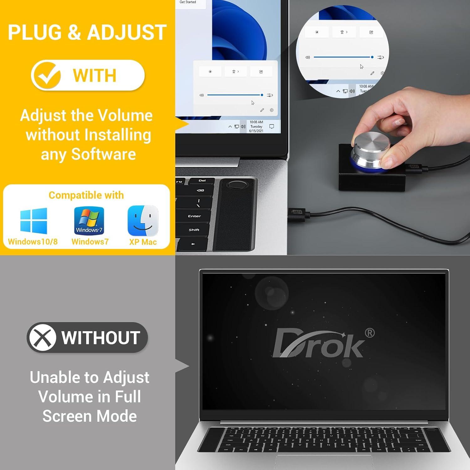 imageDROK USB Volume Knob Small PC Computer Speaker Volume Control Audio External USB Volume Control Knob with 1Key Mute Function Support Win7 8 10 XP Mac Vista Android Black and SilverSilver