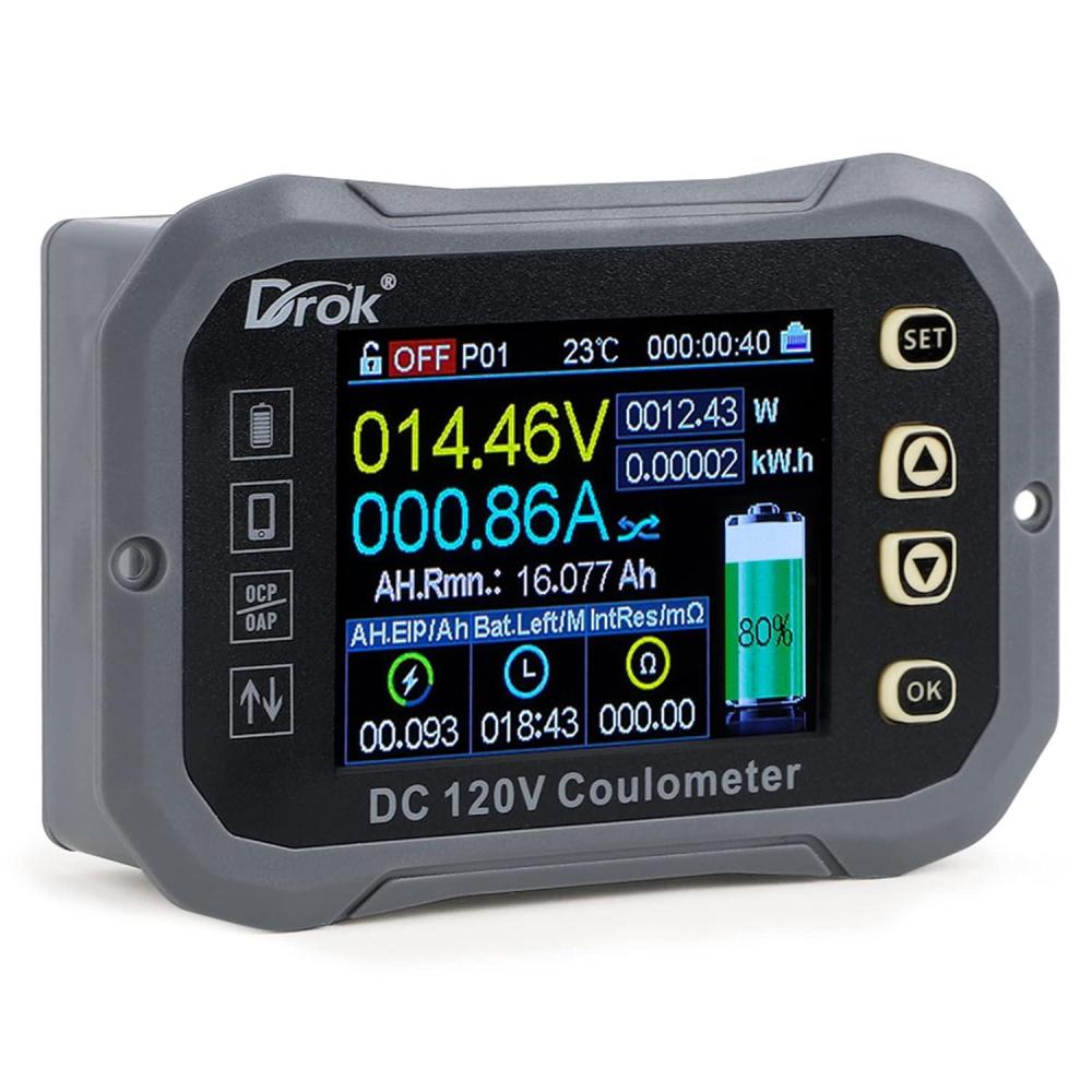 imageDROK ChargeDischarge Multi Meter 0120V 100A DC Voltmeter Coulometer Mobile Phone APP Control LCD Battery Monitor Volt Amp Temp Power Capacity Timing Monitor for RV Boat EBike