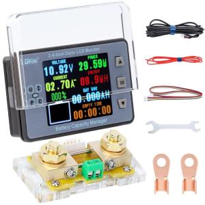 imageDROK Digital Multimeter DC 8100V 100A Battery Monitor 12V 24V 36V 48V 60V Volt Amp Watt Meter Big Color Screen LCD Display Capacity Time Power Voltmeter Ampmeter for RV Solar Panel Battery Charge100Awith Base