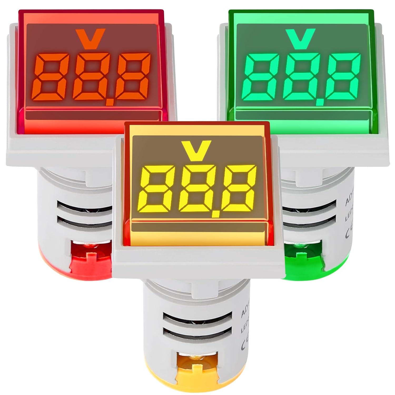 imageDROK AC Voltage Display 3pcs Digital LED Display Voltmeter AC 60500V Voltage Meter Monitor 110v 220v Volt Detetor Green Red Yellow Signal Indicator Light PanelRegular