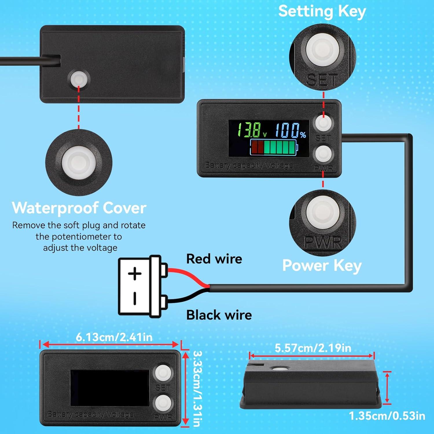 imageDROK Waterproof Battery Monitor 8100V Volt Meter Battery Capacity Tester LCD Display with Green Backlight Fit for Car Golf Cart RV MarineMulticolored