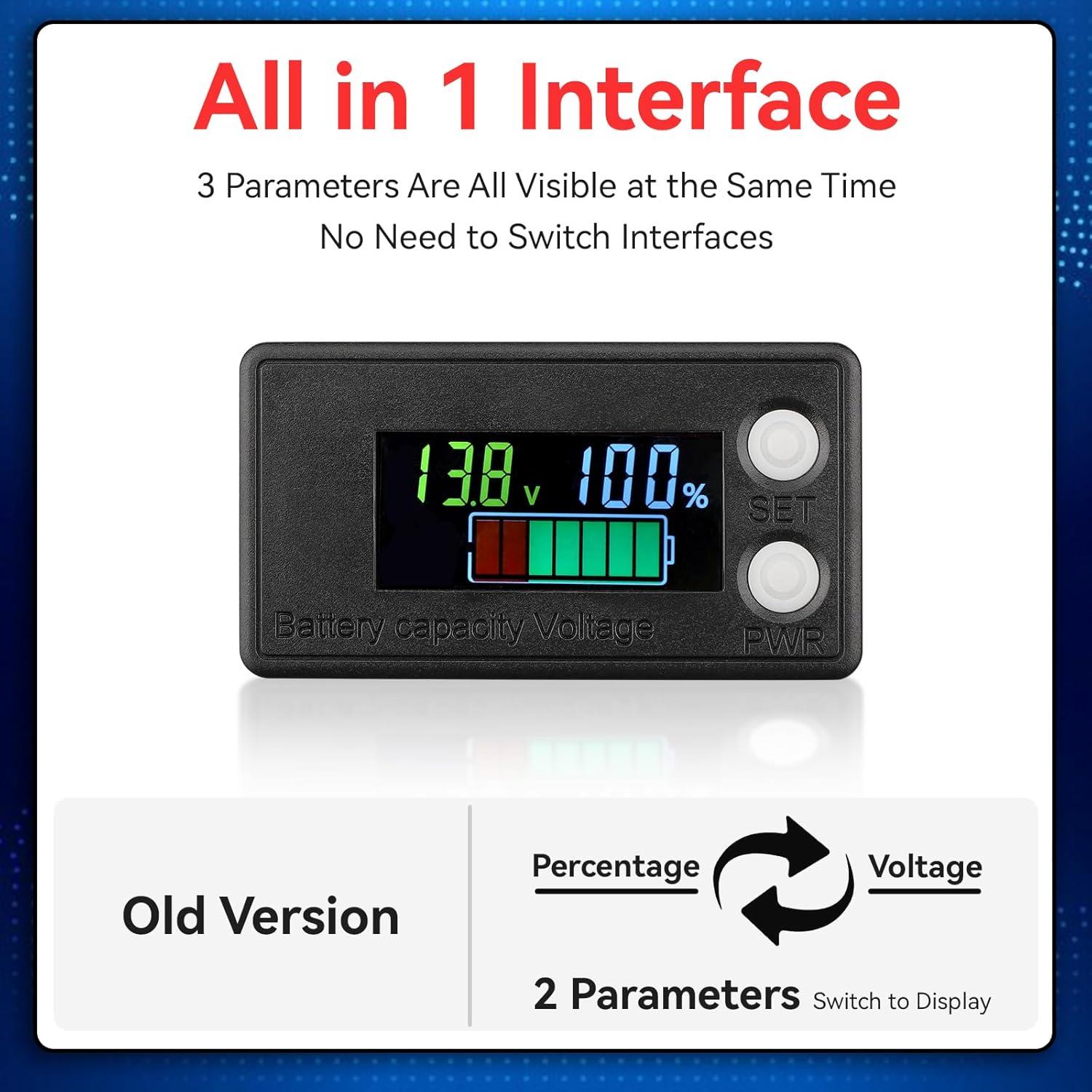imageDROK Waterproof Battery Monitor 8100V Volt Meter Battery Capacity Tester LCD Display with Green Backlight Fit for Car Golf Cart RV MarineMulticolored
