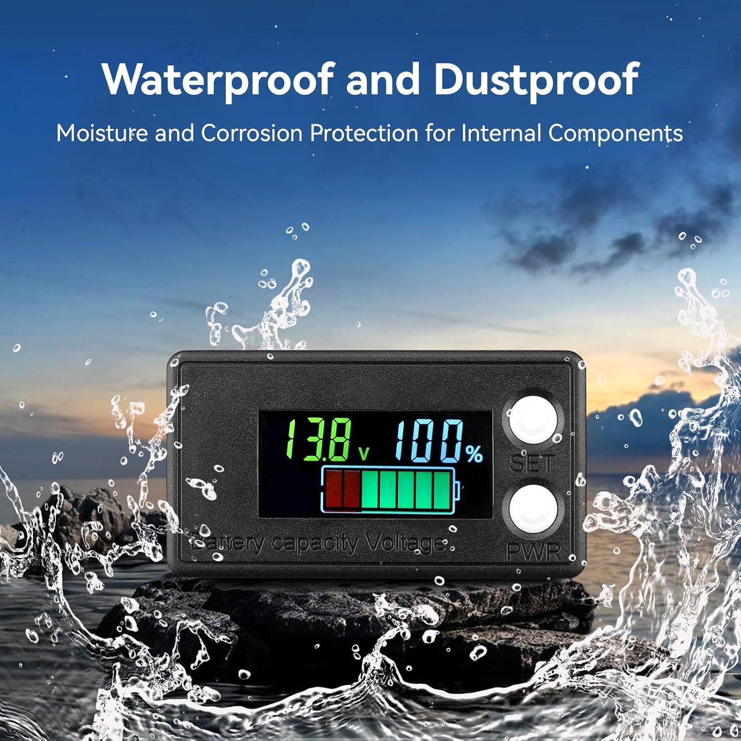 imageDROK Waterproof Battery Monitor 8100V Volt Meter Battery Capacity Tester LCD Display with Green Backlight Fit for Car Golf Cart RV MarineMulticolored
